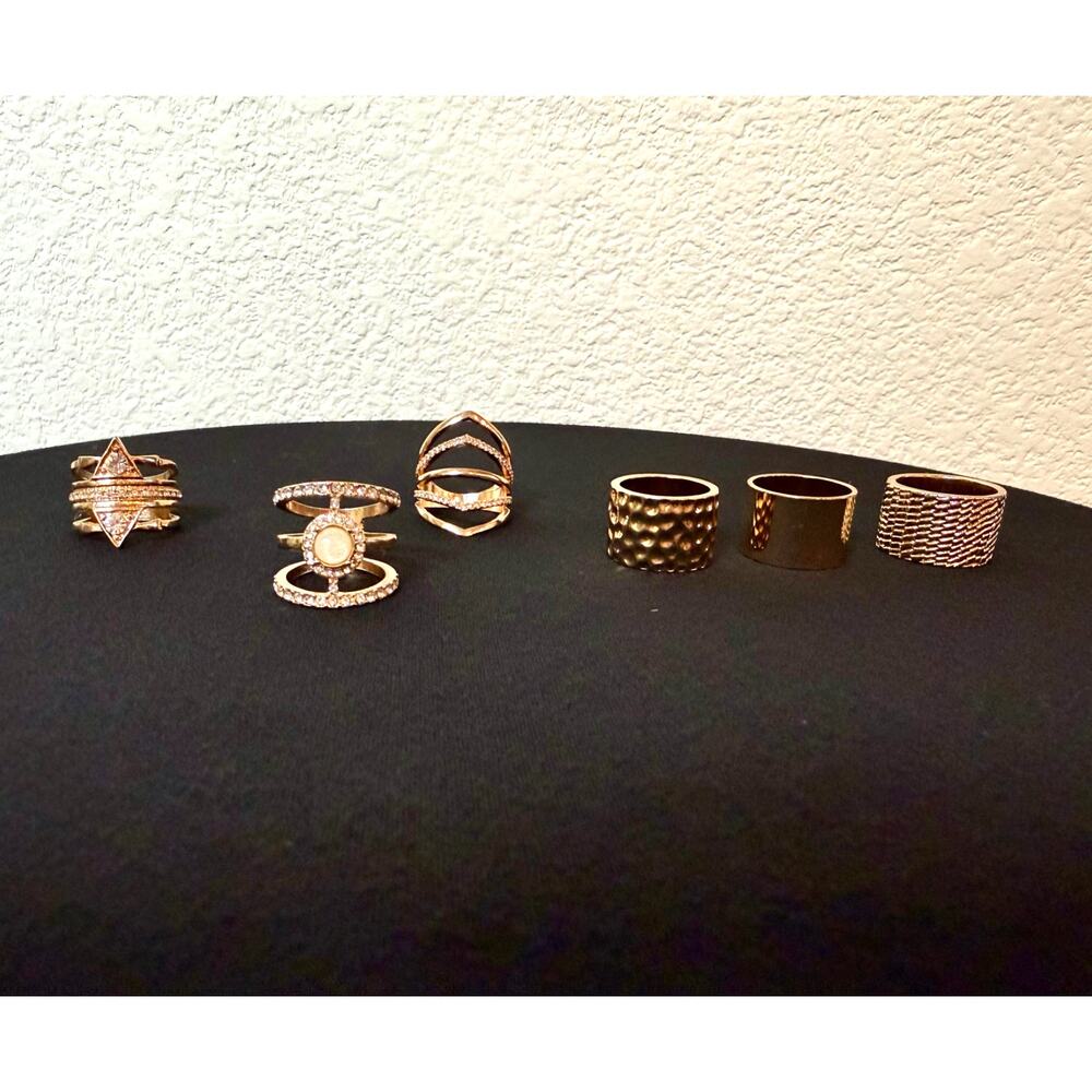Gold Geometric Ring Set Textured Band Cutout Rhinestone Stacking Rings - Picture 11 of 11